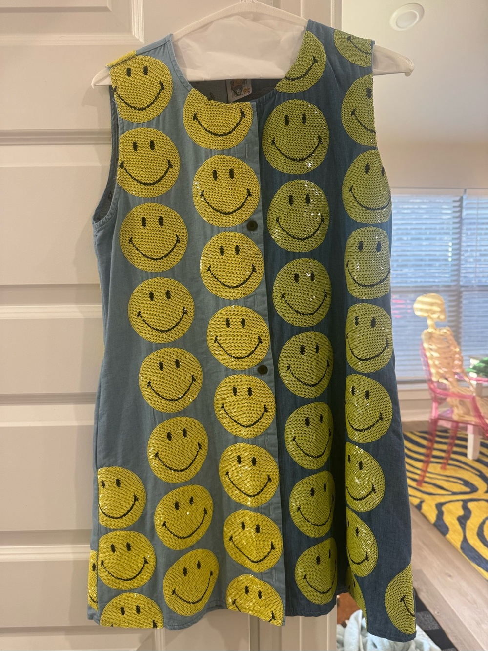 QUEEN OF SPARKLES Blue Denim Mini Dress with Yellow Smiley Sequins